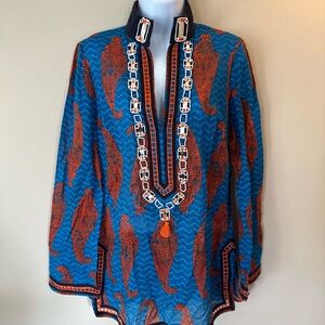 Tory Burch Blue and Orange Beaded Tassel Tunic